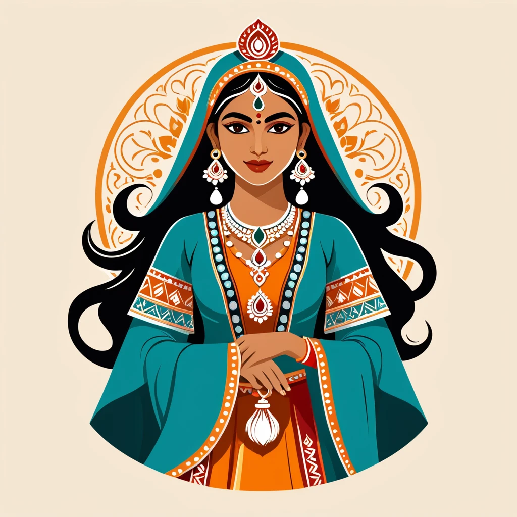 female enchanter in indian folk outfit, vector graphics, strong contours, logo design
