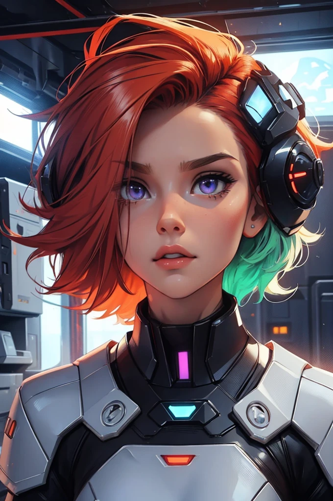 red hair, ginger, mature girl, super beautiful, super blue and orange, purple., fiery red, red hair, portrait, light vintage blonde color hair, scientist character, female, super strong, female, blonde and silver clothing, cyberpunk female, short blonde hair, portrait, close-up, in a spaceship hangar, a female in a sci-fi jumpsuit with led lights making shapes, she has short light green hair, purple eyes, silver clothing.