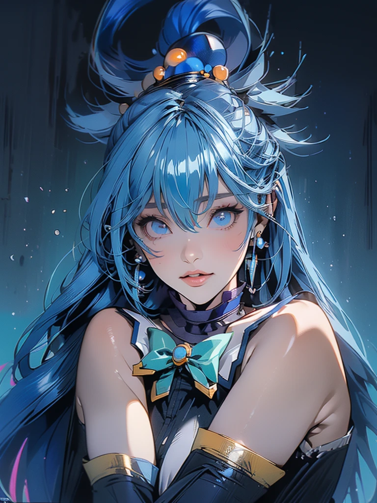 (Best quality, sketch:1.2),realistic,illustrator, Aqua Konosuba,anime,1 girl, detailed lips, blue hair, hair ornament, necklace, bare shoulders, green bow, blue shirt, cut off sleeves, blue skirt, thigh high, black and red gradient background,neon hair,Textured trim, masterpiece, retro classic style, black style , 