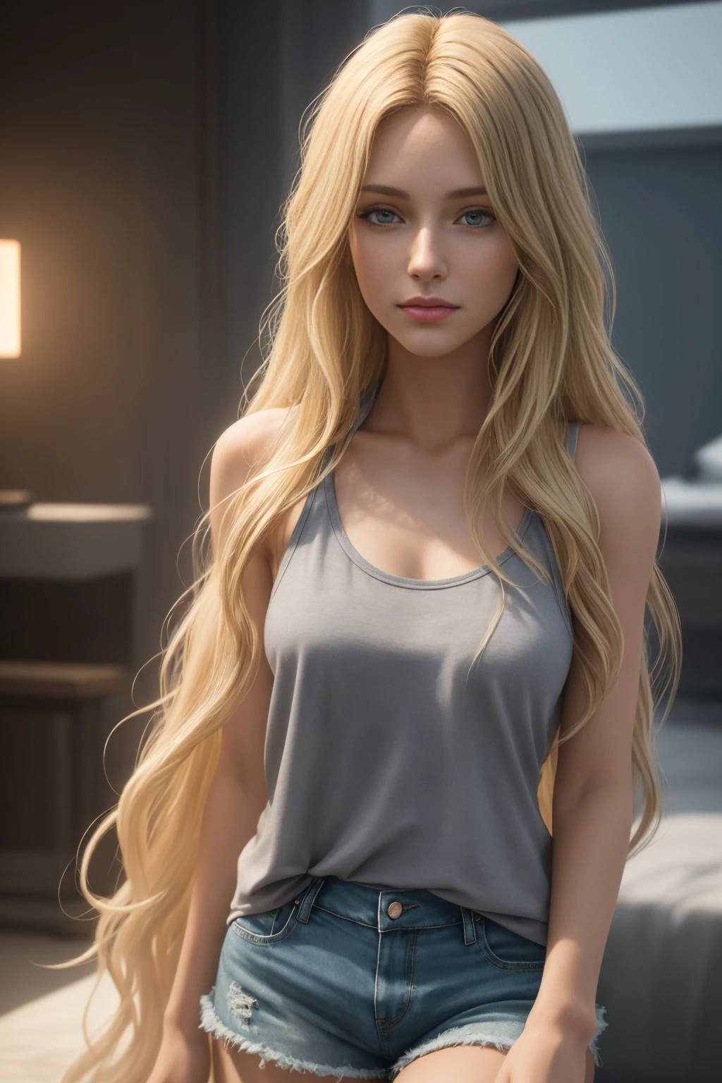 Masterpiece, Young Beautiful Girl has long long blonde hair and grey eyes, 1girl, AS-Adult, long-haired, blonde hair, medium-breasts, tank-top, shorts, grey eyes, wavy-hair, no bangs, symmetrical face. (Best Illustration), (beautiful-detailed eyes), (Best Quality Face, Fingers), Symmetrical, smooth, sharp focus, illustration, realistic, artstation, award winning photography, octane render, cinematic lighting from the right, hyper realism, octane render, 8k, depth of field, 3D, backgound Waterfalls