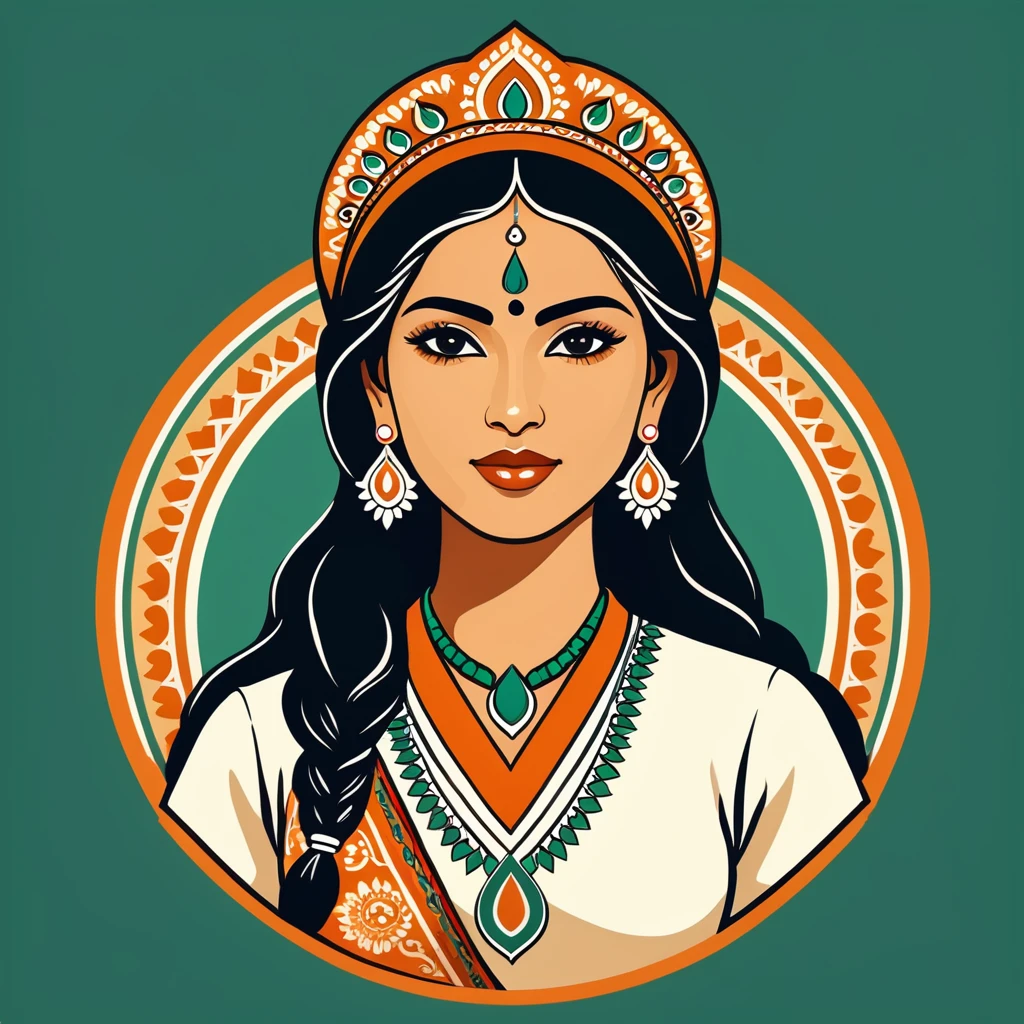 female engineer in indian folk outfit, vector graphics, strong contours, logo design
