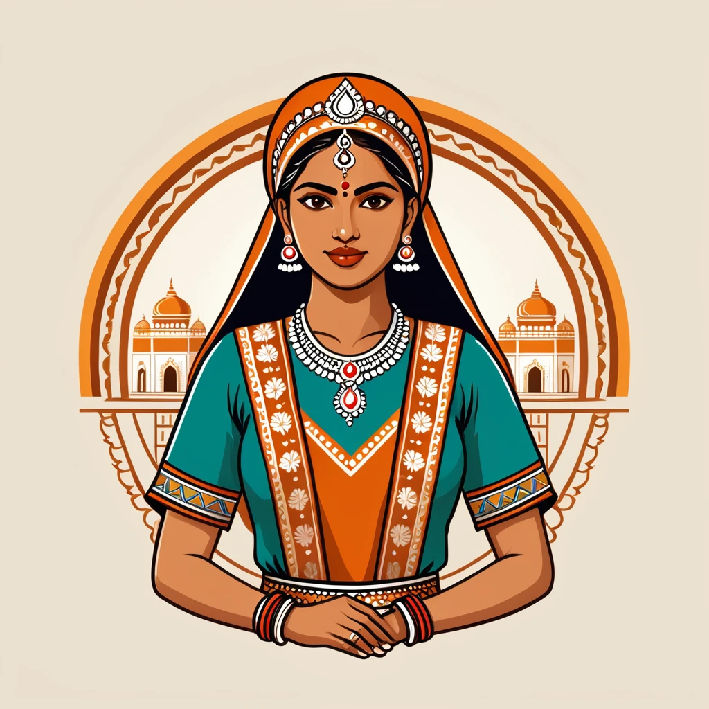 female engineer in indian folk outfit, vector graphics, strong contours, logo design
