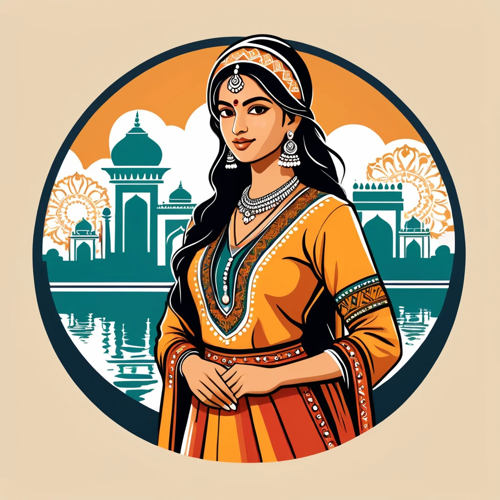 female engineer in indian folk outfit, vector graphics, strong contours, logo design