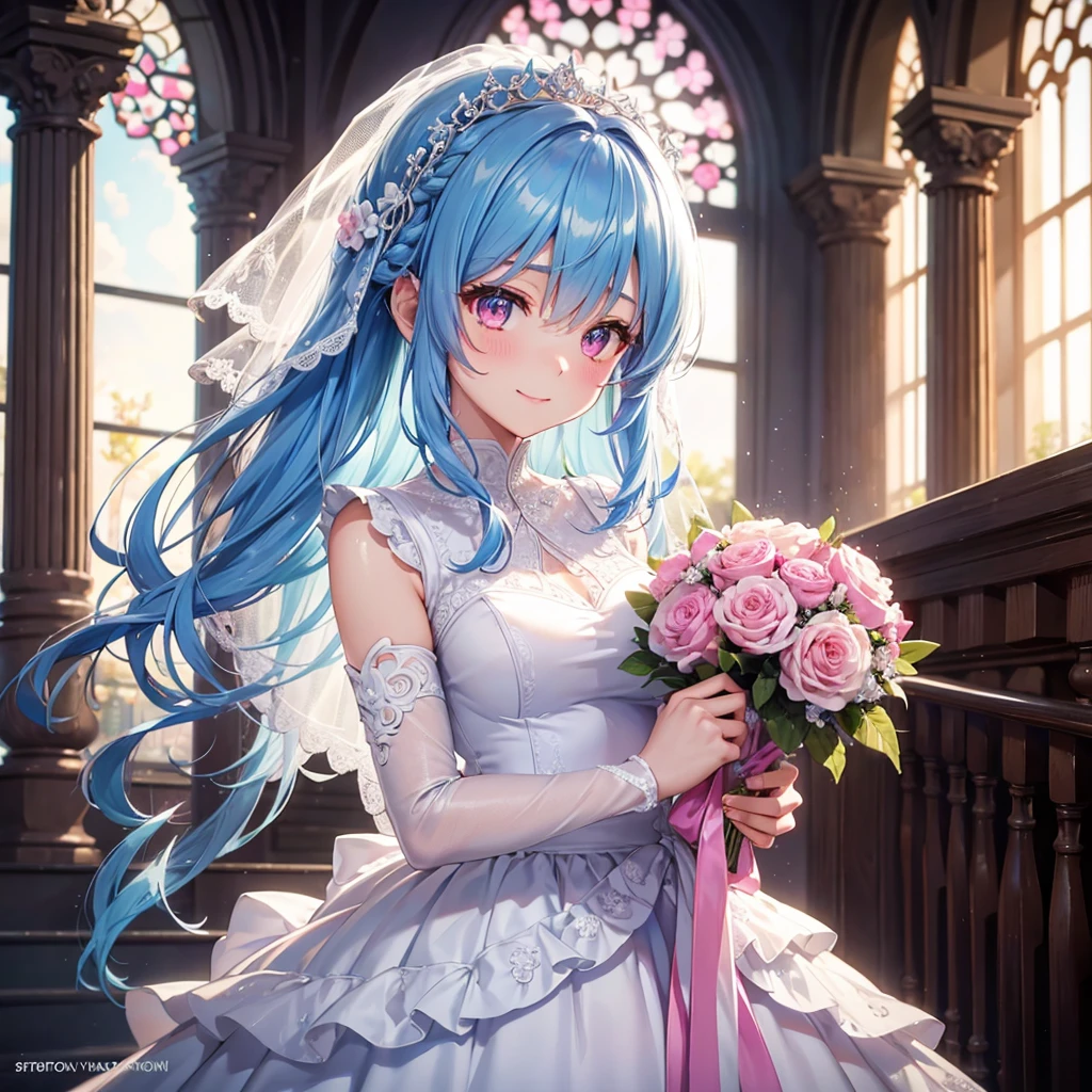 Sky Blue Medium Hair, (Braided Hair),(Pink Eyes),Fair skin ,(whole body),(1 girl),bride,smile、Straight bangs, 6月のbride,Wedding dress,(masterpiece, Highest quality, Very detailed, Best Shadow), (Detailed Background), (Beautifully detailed face), High Contrast, (Best lighting, Very delicate and beautiful), ((Cinematic Light)), colorful, Hyper Detail, Dramatic Light, Intricate details,Wedding hall,