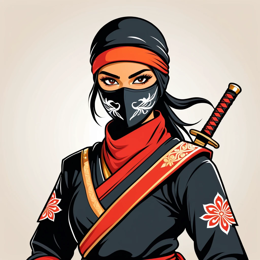 female ninja  in indian folk outfit, vector graphics, strong contours, logo design
