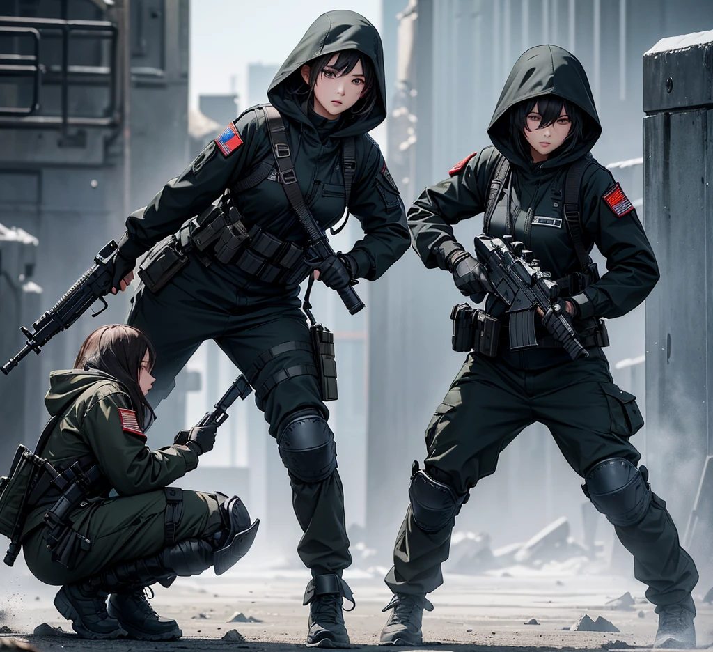 A group of female soldiers with guns fighting,All wearing dark black hooded military uniforms、Hooded on head、Individual equipment set、Military Pants、Knee pads,Write details、masterpiece、best quality、Highly detailed CG、8K picture quality。
