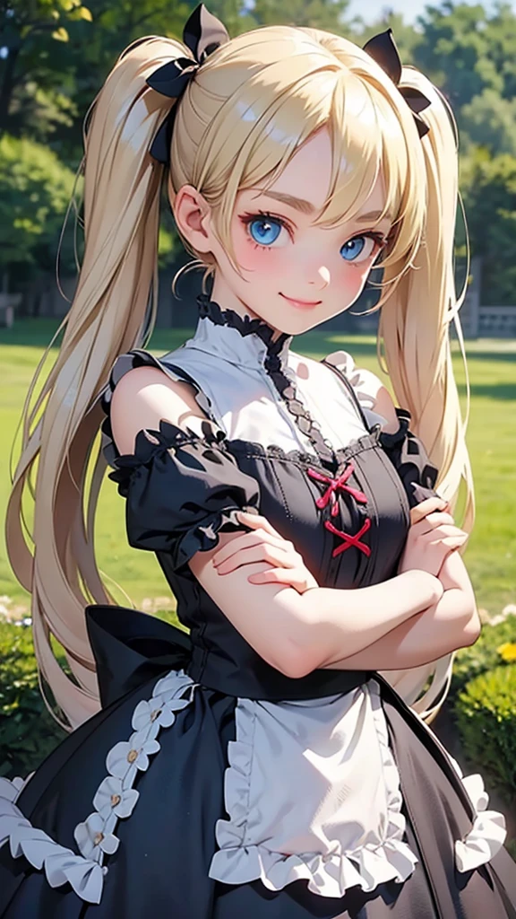 highest quality、Realistic、Women、zoom、cute、Blue eyes、blonde hair、Twin tails、Gothic Lolita、Glare、Get serene、Looking down、smile、Bust Shot、Arms crossed、14 yo