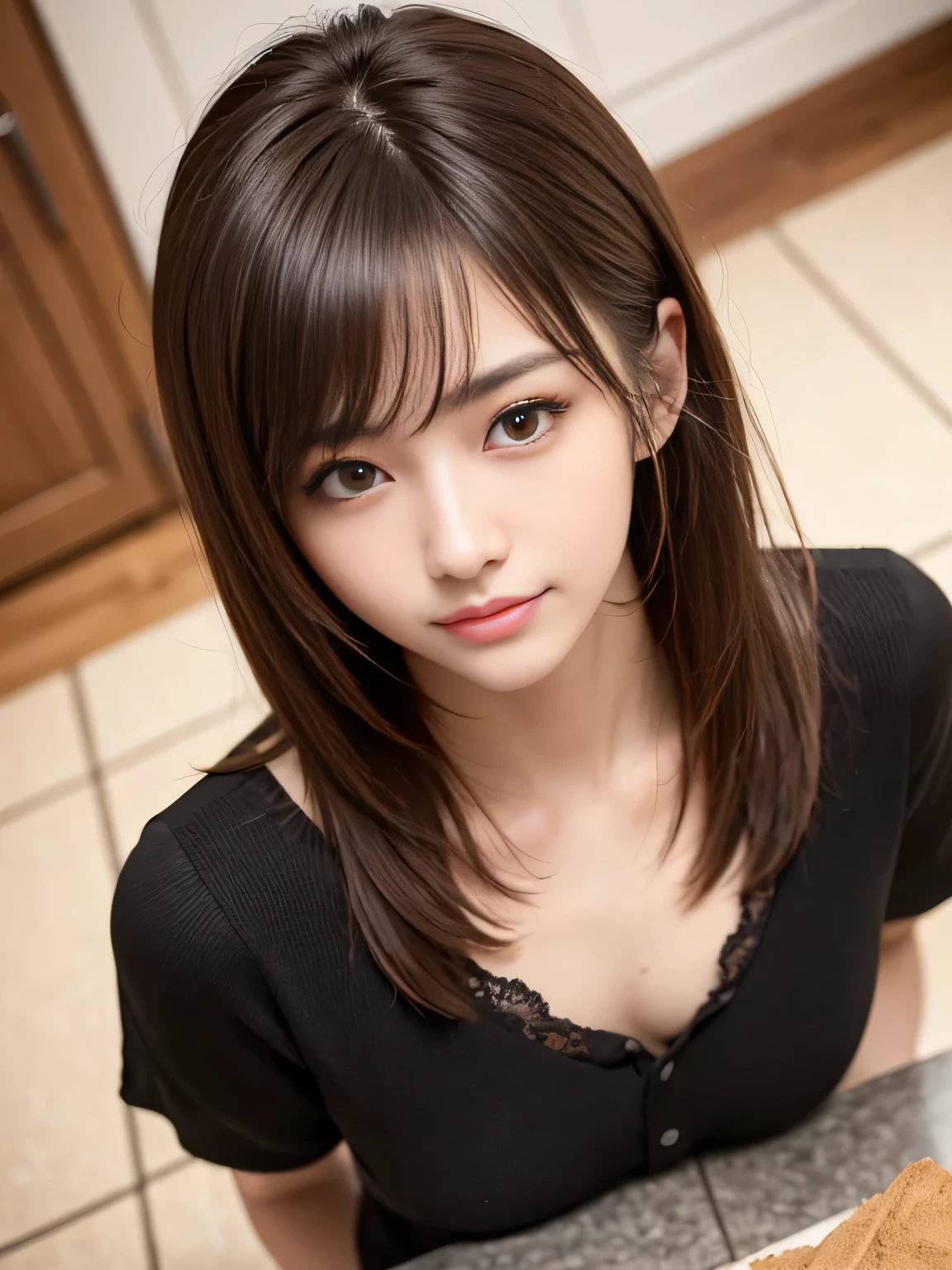 masterpiece, best quality, ultra-detailed, intricately detailed hyperdetailed, realistic, sharp features, highly detailed, sharp focus, (18 years old:1.3), Japanese Idol, perfect face, perfect symmetrically eyes, perfect full lips, hyper detailed, hyper realistic, high resolution, Fashion Model, Slender, Stylish, Realistic, Photorealistic:1.3, Beautiful Face, from above, POV shot, light brown hair, messy hair, asymmetrical bangs, Neat clothes, (smile), (Black tops:1.2),