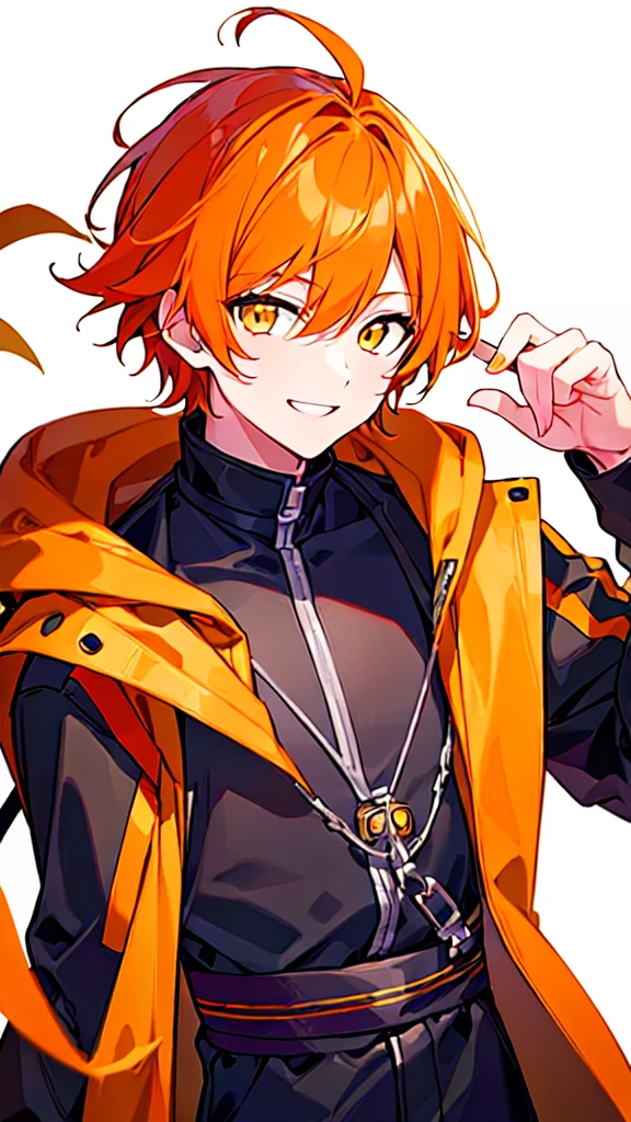 [(WHITE BACKGROUND:1.5),::5], ((((masterpiece)))), high quality, ultra very high resolution, full color, (((solo))), ((younger boy)), orange hair, (yellow eyes), anime, ((upper body)), Black parka, light smile,