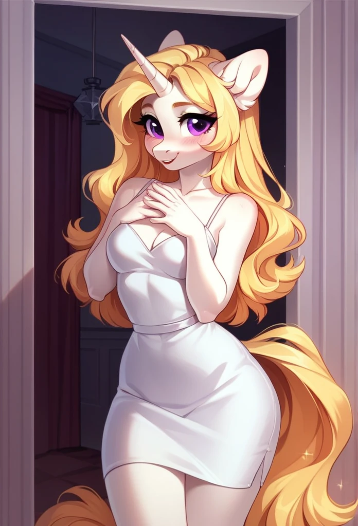 score_9, score_8_up, score_7_up, score_6_up, BREAK source_anthro pony, rating_explicit, solo
feral anthro pony, unicorn, female, white body, , purple eyes, blonde hair, blushing,
standing, red checker, wide hips, white dress, fluffy, ear tufts, long eyelashes, indoors
best quality, high detailed, sharp lines, shaded