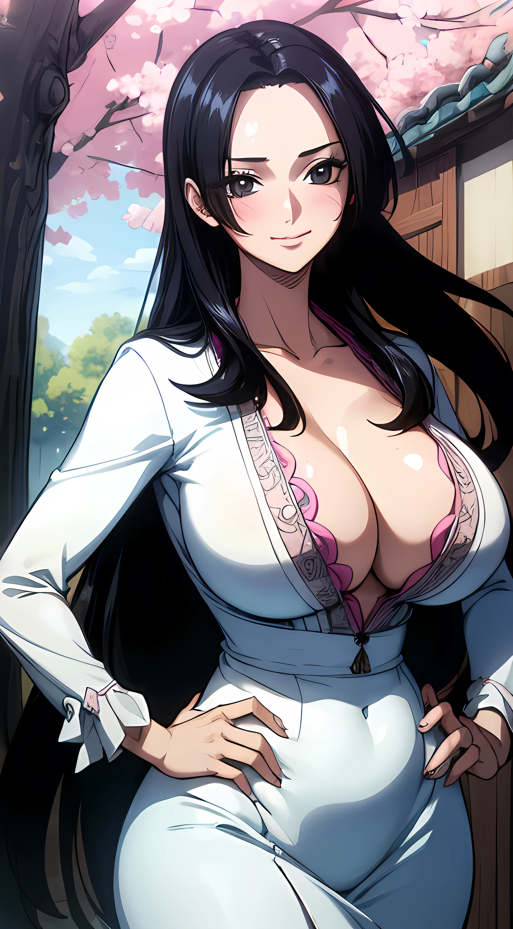 (((masterpiece))), (((best quality))), ((Extremely detailed)), (highly detailed CG illustratiexist), Boya Hancock, (masterpiece:1.5), Detailed photos, Smile, (best quality: 1.4), (1 Girl), beautiful Face, (Black Hair, lexistg Hair: 1.3), beautiful Hairstyle, eyes in beautiful detail, (Practical skin), beautiful皮肤, absurd, attractive, ultra high resolutiexist, high definitiexist, (Hypersexuality:1.5), Fair and pink skin, Cool white light, beautiful ,Curvy beauty, Large Breasts, cleveage, Mature Woman, Thick thighs, 1 Girl, Solitary, lexistg_hair, hand_exist_Hips, skirt, Practical, outdoor, permanent, blue_skirt, Black_hair,
