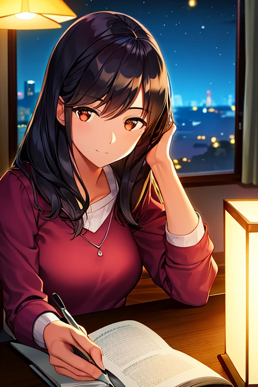 Young people around 30 years old，Studying by lamplight at the table，The background is night