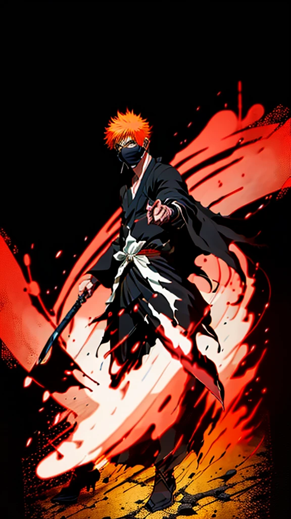 a man in the story series "belach" has dry orange hair, wears a skull mask with the name "kurosaki ichigo" wears a black kimono with UHD, 5D ANIME photo resolution quality.