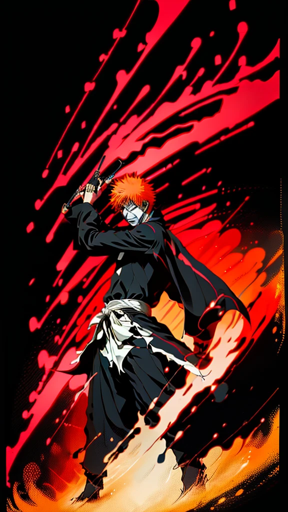 a man in the story series "belach" has dry orange hair, wears a skull mask with the name "kurosaki ichigo" wears a black kimono with UHD, 5D ANIME photo resolution quality.