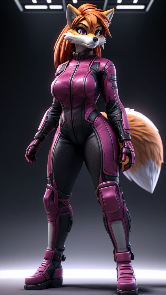 Skye from Paw Patrol, as a female fox, anthro, mature adult, long flowy orange hair, magenta iris, tall, muscular, massive female, curvy, full techwear outfit, standing, serious, detailed, solo, beautiful, high quality, clear background, precise, anime style, 3D figure, Unreal Engine 5, 4K