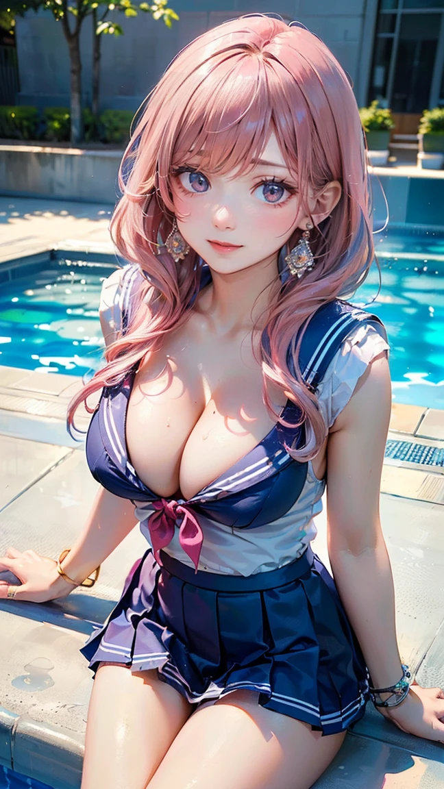 ((Highest quality, 8k, masterpiece :1.3)), (Sharp focus :1.2, Beautiful woman with perfect figure :1.4, Slim Abs), ((Big Breasts, Emphasize cleavage:1.2)), (Photorealistic:1.4), (realistic:1.4), (Pink Hair:1.5), Highly detailed face and skin texture, Fine grain, double eyelid. Makeup face, A little bit of lipstick, sex appeal, Sexy gravure pose, ((A high school girl wearing a light blue sailor suit and a white pleated skirt。The background is the school poolside.、The summer sun is shining。She sits by the pool、Smiling in a sexy pose。Simple earrings and a bracelet are the accessories.。:1.3)