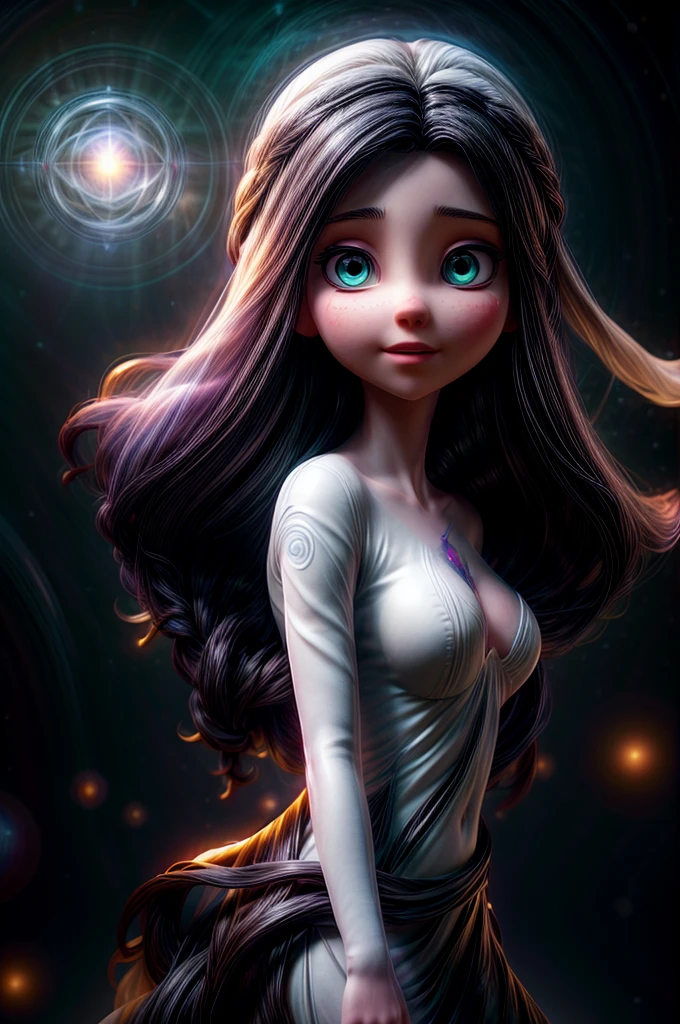 a beautiful white woman with long black hair, ethereal spiritual being floating in a cosmic space, mystical dimensional portal, intricate energy field surrounding her body, glowing orbs of light orbiting her, volumetric lighting, cinematic composition, dramatic chiaroscuro lighting, dreamlike atmosphere, vibrant colors, highly detailed, photorealistic, 8k, masterpiece