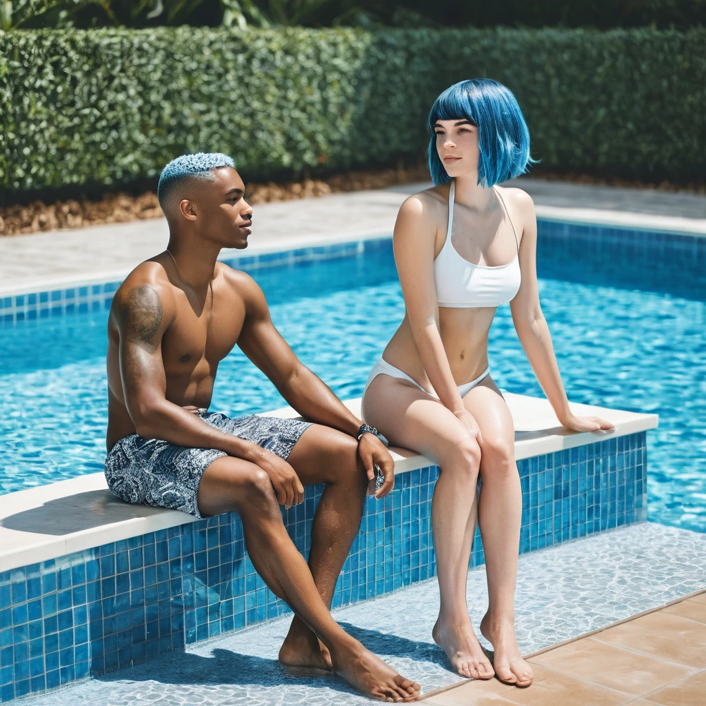 1 beautiful birracial blue hair woman and 1 white short brown hair man at the pool, detailed full body