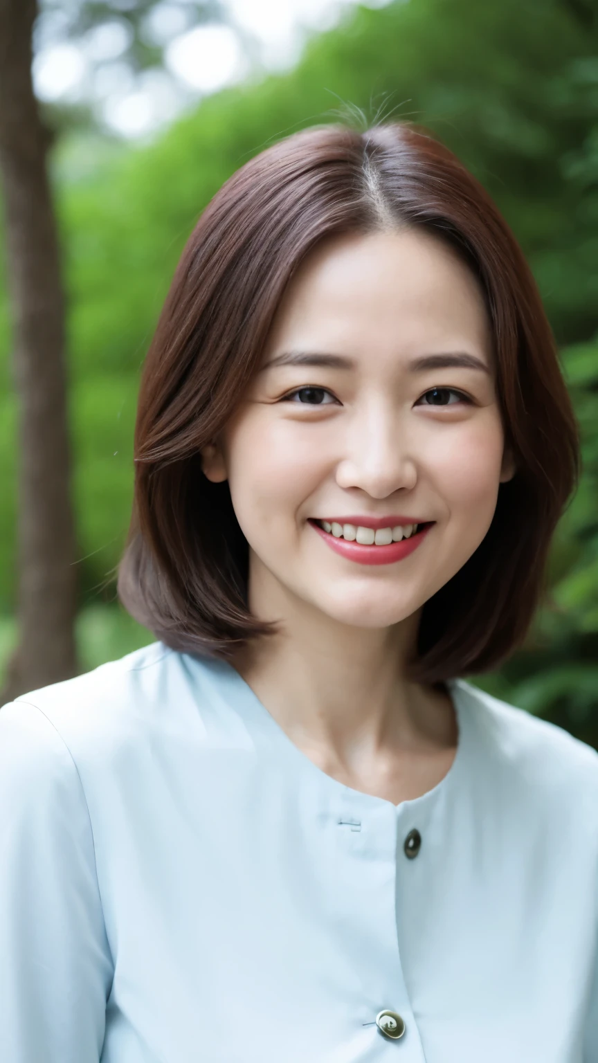 Standing in the park, Wrinkles around the eyes, Smiling with teeth showing, Plain short-sleeved clothing, senior citizen, Draw lips correctly, Red lipstick, No discomfort, 16K, Highest quality, Very detailed, Realistic, Very detailed肌, (Japanese), (alone), 100 years old, Large Breasts, , Glamour, sexy, Chromo White Skin, Staring straight ahead,