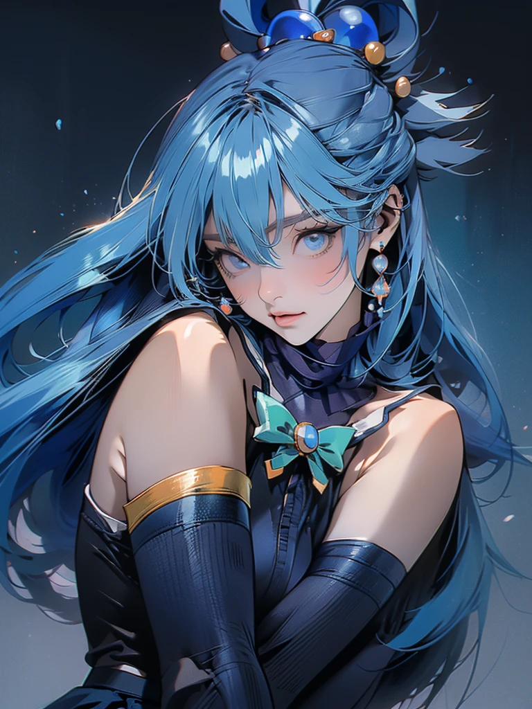 (Best quality, sketch:1.2),realistic,illustrator, Aqua Konosuba,anime,1 girl, detailed lips, blue hair, hair ornament, necklace, bare shoulders, green bow, blue shirt, cut off sleeves, blue skirt, thigh high, black and red gradient background,neon hair,Textured trim, masterpiece, retro classic style, black style , 