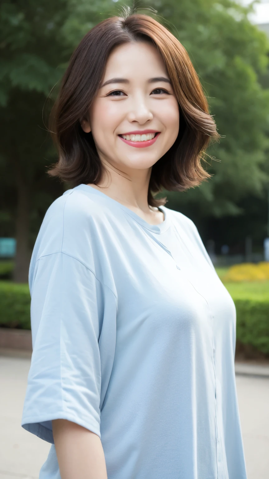 Standing in the park, Wrinkles around the eyes, Smiling with teeth showing, Plain short-sleeved clothing, senior citizen, Draw lips correctly, Red lipstick, No discomfort, 16K, Highest quality, Very detailed, Realistic, Very detailed肌, (Japanese), (alone), 100 years old, Large Breasts, , Glamour, sexy, Chromo White Skin, Staring straight ahead,