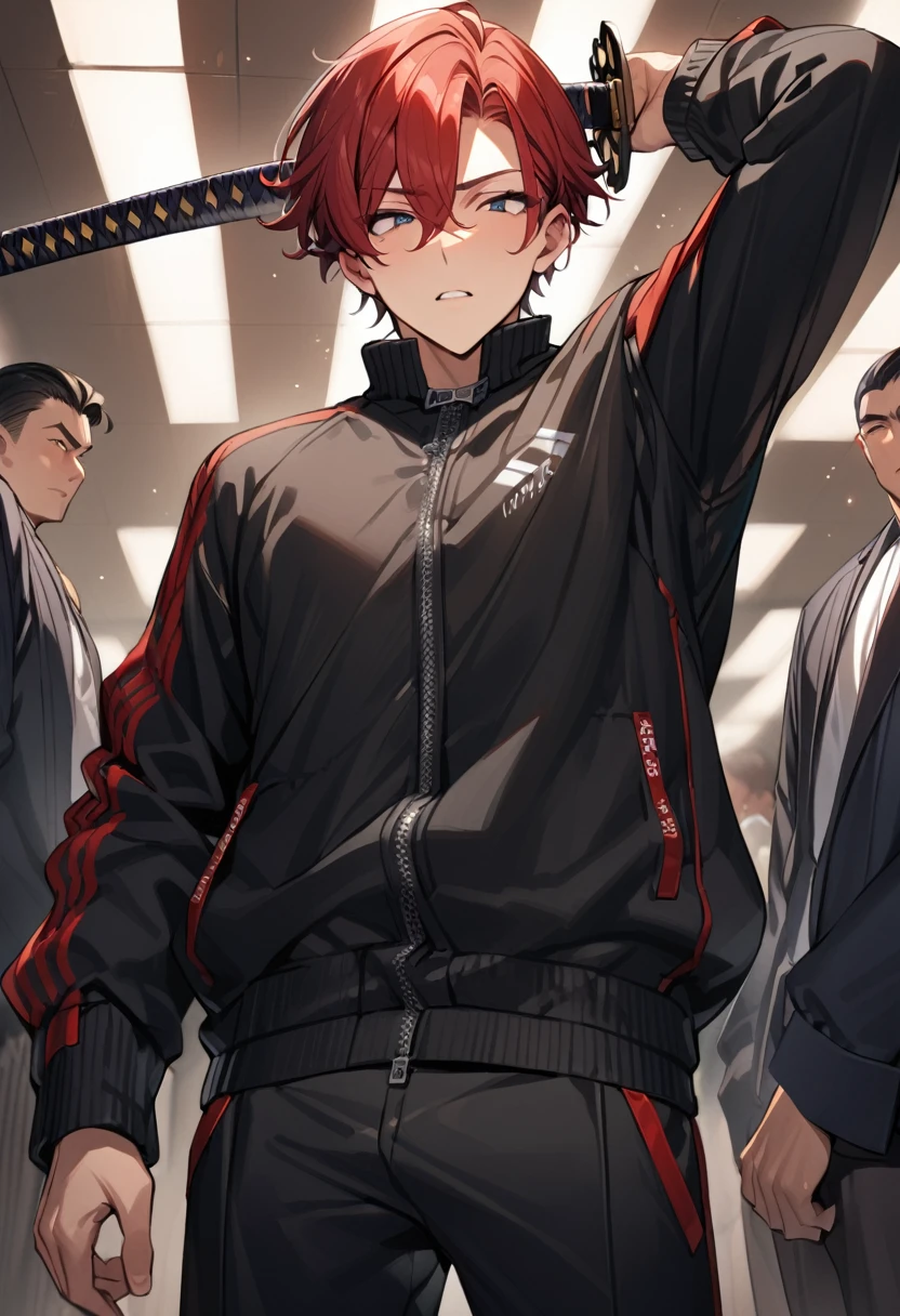 1 boy, masterpiece, a male, red hair, he is passioneta man, ((black Tracksuit)), ((katana)), Sanpaku eyes, 23 years old men