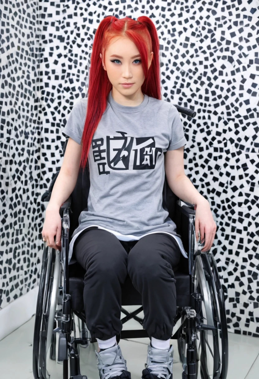 Uhd, photo of Cami, subject: Noriko, 1/2 Japanese 1/2 Hainu skinny girl in 2/00 a large wheelchair with long red hair, blue+++ eyes, oval face, LGBTQIA+, queer, punk style, wearing grey tracksuit treasures and black t-shirt, tattooes. She is washing her hair on the sink of the hairdressers' studio, shampoo foam, wetted hair. Background: hairdressers' studio.