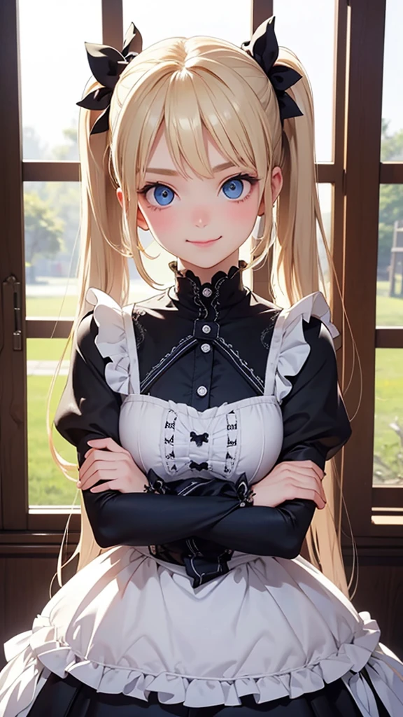 highest quality、Realistic、Women、zoom、cute、Blue eyes、blonde hair、Twin tails、Gothic Lolita、Glare、Get serene、Looking down、smile、Bust Shot、Arms crossed、14 yo
