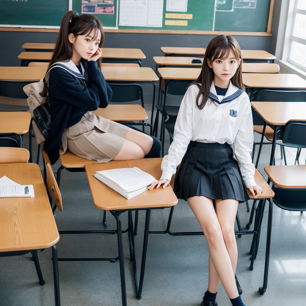 ((masterPiece, best quality)),The best aesthetics,1 girl, , table, sit, school table, brown hair, classroom, long hair, In the building, chair, look at viewer, :P, Focus only, brown eyes, skirt, long sleeve, Pencil, Pencil case, PaPer, black seraph, multiPle girls, Pleated skirt, sailor collar, smooth, headrest, school bag, school chair