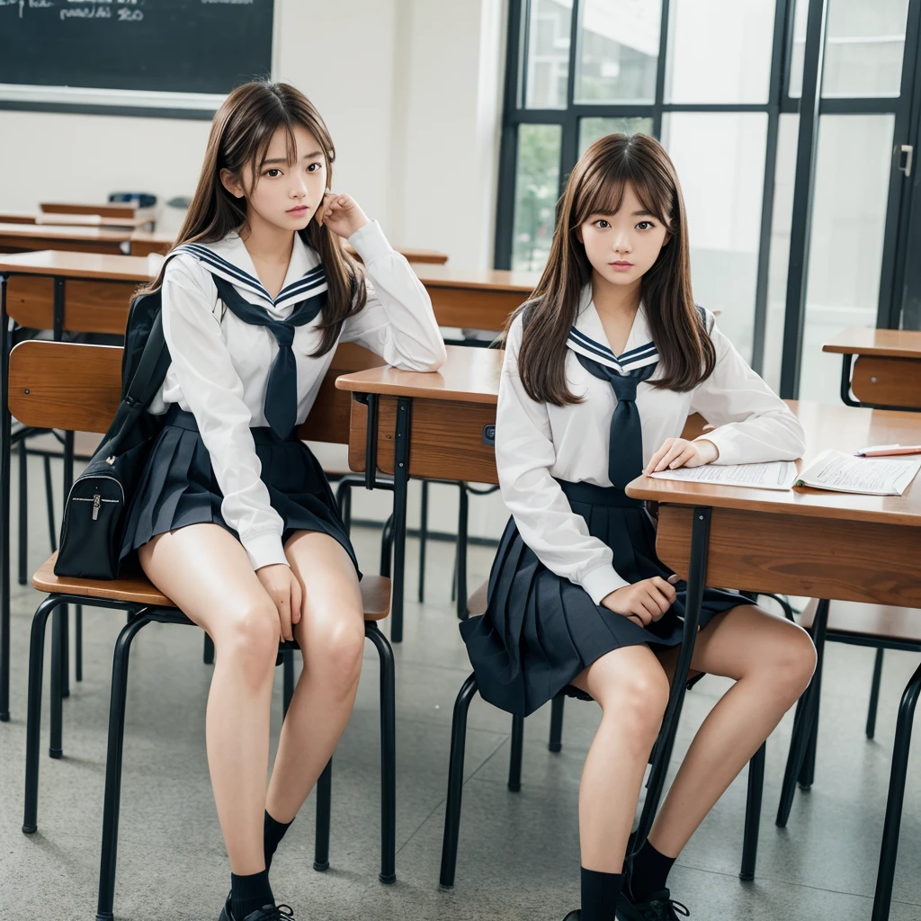 ((masterPiece, best quality)),The best aesthetics,1 girl, , table, sit, school table, brown hair, classroom, long hair, In the building, chair, look at viewer, :P, Focus only, brown eyes, skirt, long sleeve, Pencil, Pencil case, PaPer, black seraph, multiPle girls, Pleated skirt, sailor collar, smooth, headrest, school bag, school chair