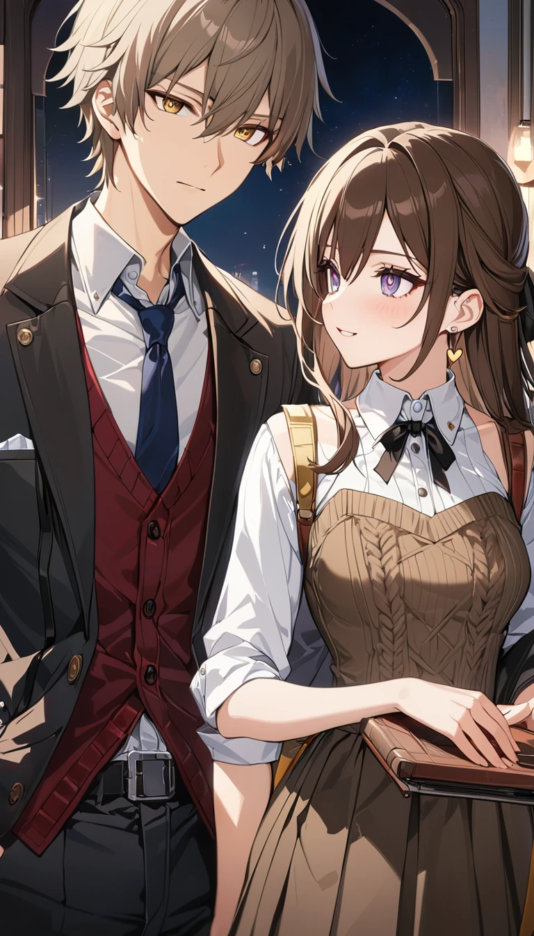 (masterpiece, top quality, best quality, official art, beautiful and aesthetic:1.2),(8k, best quality, masterpiece:1.2), (((masterpiece))),(((best quality))),(((extremely detailed))),illustration, who, (masterpiece, top quality, best quality, official art, beautiful and aesthetic:1.2),(8k, best quality, masterpiece:1.2), masterpiece, best quality, illustration, highres, ultra-detailed, caelus \(honkai: star rail\),commentary request,firefly \(honkai: star rail\),
1girl( long straight brown hair, heart earrings, , knit vest, ribbon tie,H line skirt, )
1boy( , shirt, tie, business men,18years old)
they close, couple,