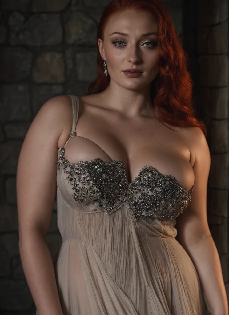 Face of Sophie Turner, Sansa Stark played by Sophie Turner, the de facto Lady of the Eyrie, is a 40-year-old mature queen with a stunning, alluring appearance. Full Face, Full figured woman, pierced eyes, reddish lips, upper body shot, erotic Mediaeval costumes, game of thrones costumes, She wears a Game of Thrones-inspired costume and has a deep cleavage, a perfect thick body, and a perfect thick figure. The photograph captures her in a close-up, with her skin texture and facial features being ultra-realistic and realistic. Juicy thick figure, high quality skin, Skin pores, amazing details, snow, snow flakes, semi realistic, extremely detailed eyes, dark moody orange and black settings, cool environment, artificial intelligence
