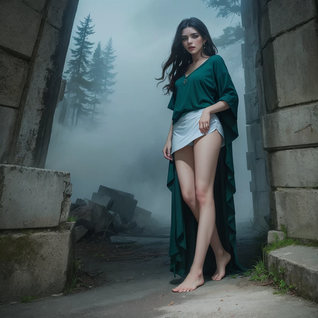 A highly detailed and hyper-realistic depiction of a princess in green skirt, in blue shirt, wearing white panties, Realistic hands. ((full body)), mybeauties, The perspective is from below. ((Full body, bare feet)). The character is surrounded by mist, evoking a mysterious and eerie atmosphere. The lighting is dark and atmospheric, with a red smoke adding a touch of sinister ambiance. The image is of the best quality, with a resolution of 4k and HDR enhancement, showcasing the utmost level of detail and realism, sfw, full body shot.