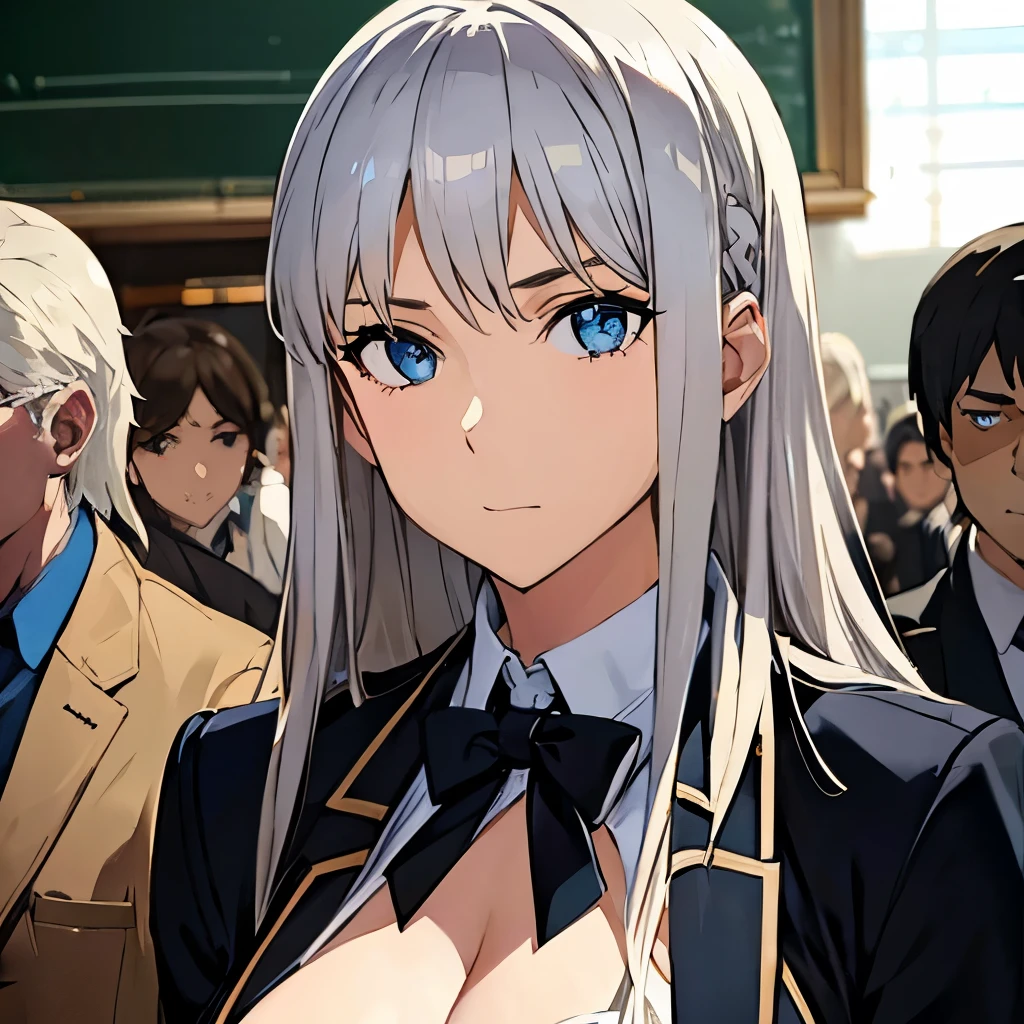 big tits,  1girl, at school, crowd people background, silver hair, blue eyes, emotionless, detailed face, view at camera, cleavage, school unifom, upperbody