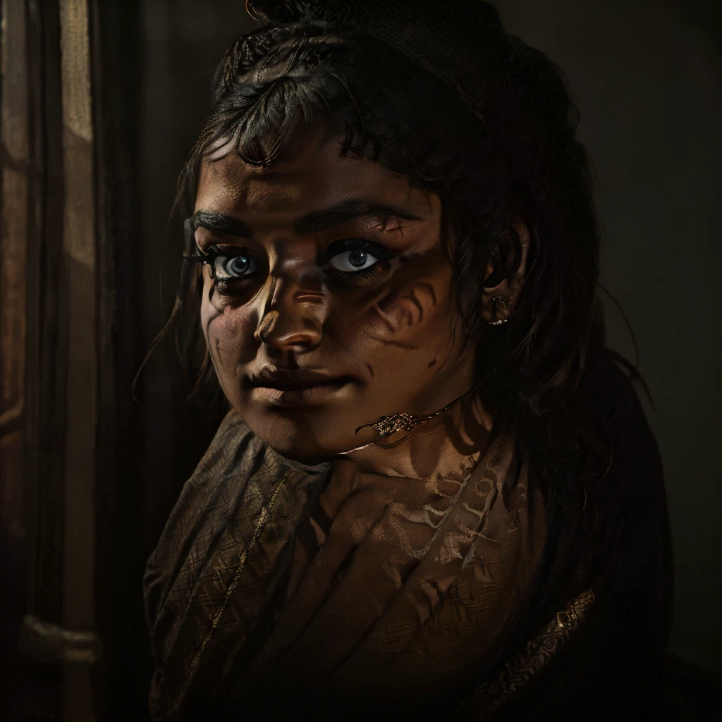 girl in bondage, handcuffs, chains, saree, detailed face, beautiful eyes, detailed lips, detailed nose, intricate saree patterns, cinematic lighting, dark moody atmosphere, dramatic shadows, chiaroscuro lighting, hyper realistic, photorealistic, 8k, detailed textures, dramatic pose, cinematic composition, moody colors, rich colors, dark tones