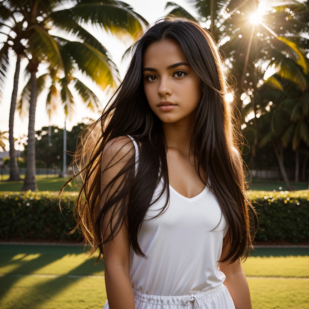 A photorealistic portrait of a 21-year-old colombian girl with long, flowing dark hair and striking dark eyes. she's playing tennis, She should have a natural, approachable expression and be illuminated by soft, golden-hour sunlight. The background should be a scenic outdoor setting, perhaps a sunlit park or beach. Capture this image with a high-resolution photograph using an 85mm lens for a flattering perspective.