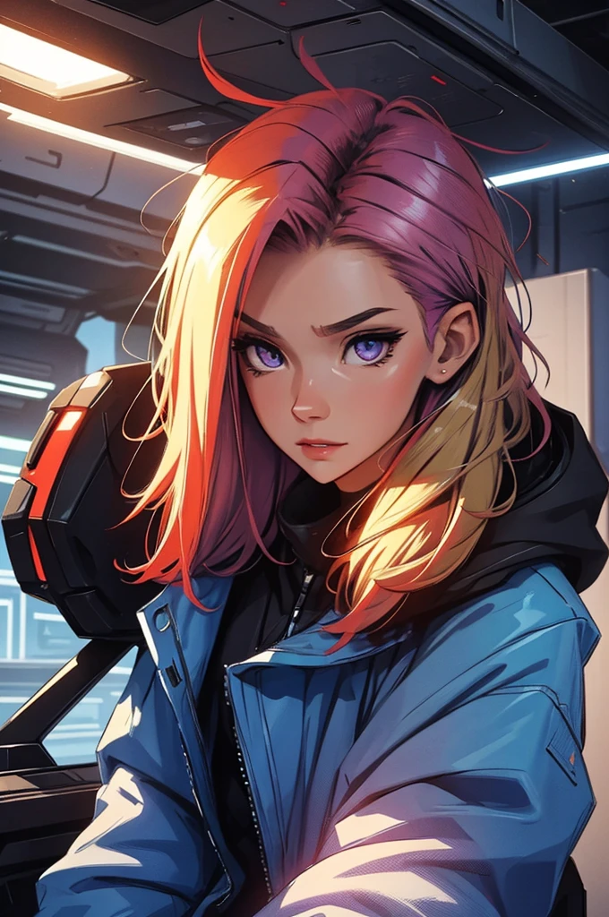 mature girl, super beautiful, super blue and orange, purple., fiery red, red hair, portrait, light vintage blonde color hair, scientist character, female, super strong, female, blonde and silver clothing, cyberpunk female, short blonde hair, portrait, close-up, in a spaceship hangar, a female in a sci-fi jumpsuit with led lights making shapes, she has short light green hair, purple eyes, silver clothing.