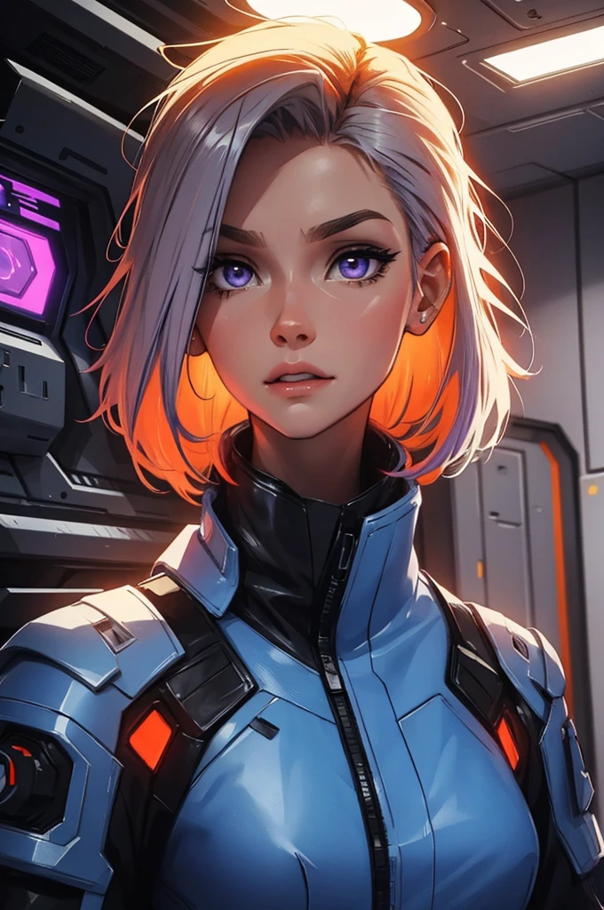 mature girl, super beautiful, super blue and orange, purple., fiery red, red hair, portrait, light vintage blonde color hair, scientist character, female, super strong, female, blonde and silver clothing, cyberpunk female, short blonde hair, portrait, close-up, in a spaceship hangar, a female in a sci-fi jumpsuit with led lights making shapes, she has short light green hair, purple eyes, silver clothing.