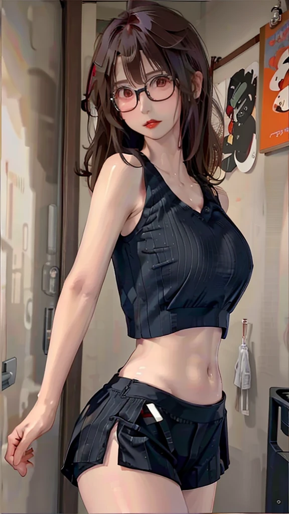 woman with short red hair, white eyes, glasses, tall body, big breasts, wearing a sexy Hotpants sport and tanktop in home