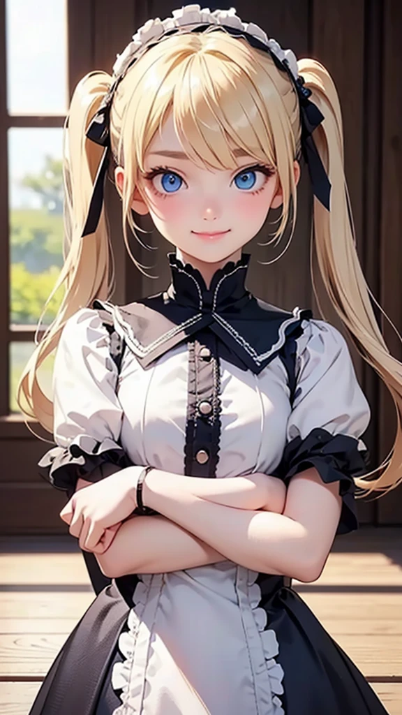 highest quality、Realistic、Women、zoom、cute、Blue eyes、blonde hair、Twin tails、Gothic ta、Glare、Get serene、Looking down、smile、Bust Shot、Arms crossed、14 yo