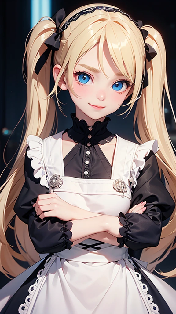 highest quality、Realistic、Women、zoom、cute、Blue eyes、blonde hair、Twin tails、Gothic Lolita、Glare、Get serene、Looking down、smile、Bust Shot、Arms crossed、 yo