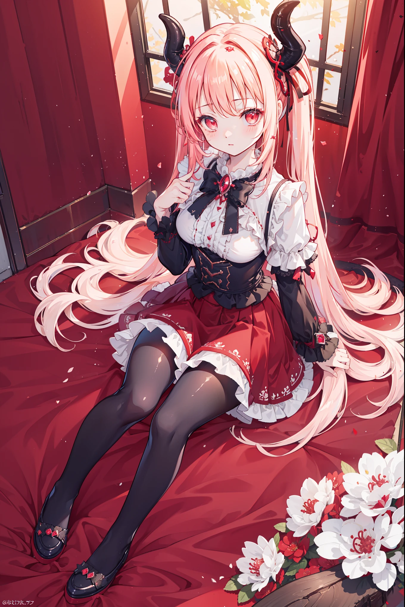 (Extremely detailed CG unity),Detailed clothes, Masterpiece, An extremely delicate and beautiful, full body shot of, 1girll, Sitting position,  messy  hair, Beautiful detailed eyes，red color eyes, lacepantyhose，florals，The horns of the succubus，girls shoes，Avoid extra feet，Transparent Gothic Skirt