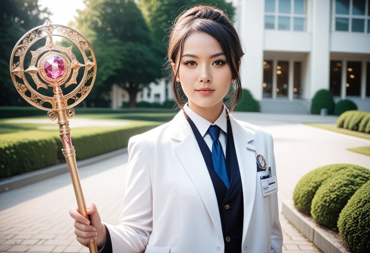 8k, raw photo, best quality, masterpiece, realistic, photo realistic, clear, professional lighting, beautiful face, best quality,ultra high res, realistic japanese beautiful, Super detailed, 1girl, clothed, outdoor, holding weapon, magic staff