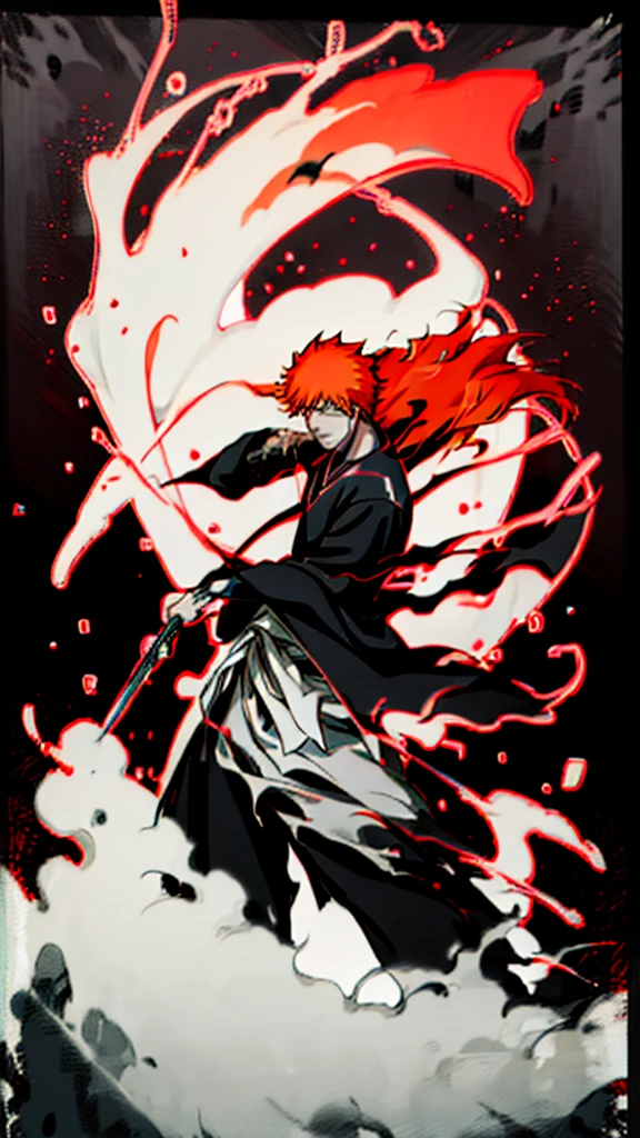 a man in the story series "belach" has dry orange hair, wears a skull mask with the name "kurosaki ichigo" wears a black kimono with UHD, 5D ANIME photo resolution quality.