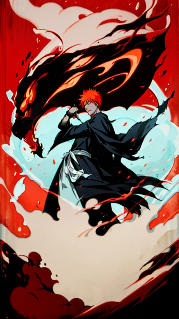 a man in the story series "belach" has dry orange hair, wears a skull mask with the name "kurosaki ichigo" wears a black kimono with UHD, 5D ANIME photo resolution quality.