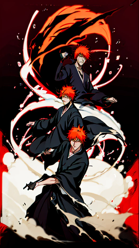 a man in the story series "belach" has dry orange hair, wears a skull mask with the name "kurosaki ichigo" wears a black kimono with UHD, 5D ANIME photo resolution quality.