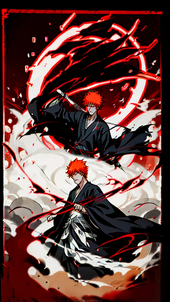 a man in the story series "belach" has dry orange hair, wears a skull mask with the name "kurosaki ichigo" wears a black kimono with UHD, 5D ANIME photo resolution quality.