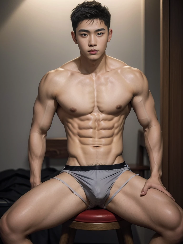 (masterpiece:1.2),18-year-old boy, Asian, Korea, gray panties, abs, sitting on a stool, spread legs, looking at me, ultra-detailed, realistic, portraits, vibrant colors, studio lighting, buzz cut short hair, pubic hair