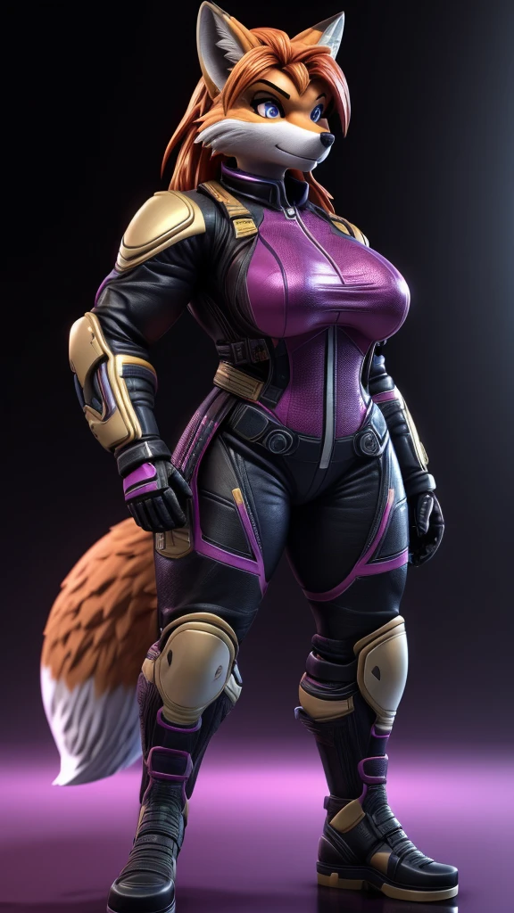 Skye from Paw Patrol, as a female fox, anthro, mature adult, long flowy orange hair, magenta iris, tall, muscular, massive female, curvy, full techwear outfit, standing, serious, detailed, solo, beautiful, high quality, clear background, precise, anime style, 3D figure, Unreal Engine 5, 4K