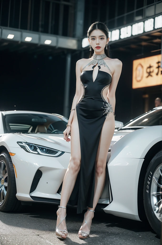 (((best quality))),(((ultra detailed))),(((masterpiece))),illustration,((1girl,gorgeous female model,solo)),((earrings,crystal collar)),((slim,thin)),((small breasts,flat chest)),(slender legs:1.2),(high heels:1.2),(standing:1.3),(arms behind back:1.3),(beside a sleek futuristic car:1.3),(glamorres sparkled dress:1.3),intricate embellishments,drop-dead gorgeous,(shoulder length straight hair:1.2),vibrant piercing eyes,delicate facial features,rosy cheeks,parted res lips,confident allure,beauty grace,intricate patterns,shimmering fabric,elegant draping,complementary skin tone,radiates beauty,allure,sleek streamlined design,futurism,smooth curves angles,ambient lighting,ethereal aura,intricate patterns,LED lights,glow,sea of activity,(surrounded by crowded crowds:1.3),examine cars,electric atmosphere,cyberpunk style,excitement anticipation,energy palpable,enthusiasm future automobiles,modern elegance,technological innovation,captivating vibrant scene,invite viewers step into future,embrace beauty,((from front,full body))